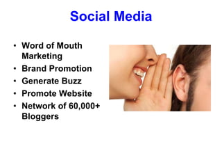 Social MediaWord of Mouth MarketingBrand PromotionGenerate BuzzPromote WebsiteNetwork of 60,000+ Bloggers