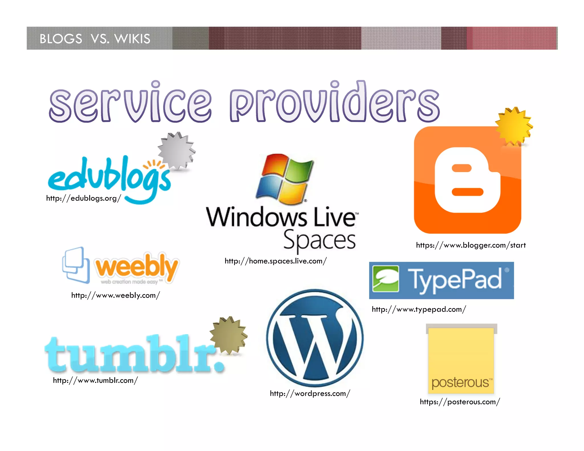 BLOGS VS. WIKIS




http://edublogs.org/




                                                                             https://www.blogger.com/start
                               http://home.spaces.live.com/


      http://www.weebly.com/
                                                                   http://www.typepad.com/




 http://www.tumblr.com/
                                           http://wordpress.com/
                                                                              https://posterous.com/
 
