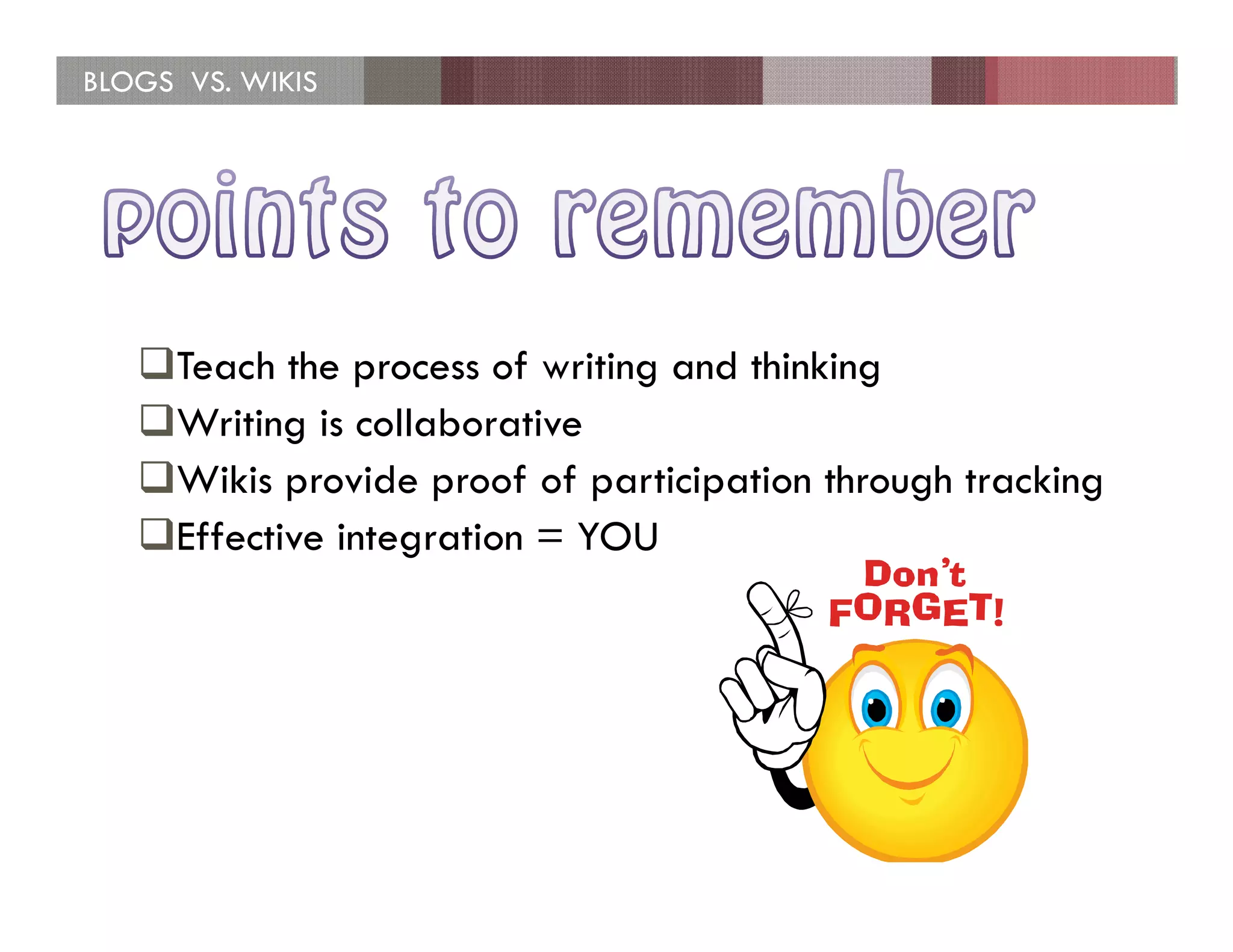 BLOGS VS. WIKIS




     Teach the process of writing and thinking
     Writing is collaborative
     Wikis provide proof of participation through tracking
     Effective integration = YOU
 