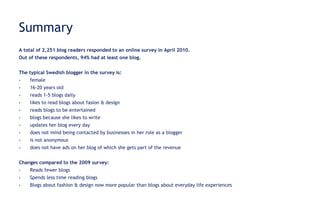 Summary A total of 2,251 blog readers responded to an online survey in April 2010.  Out of these respondents, 94% had at least one blog.  The typical Swedish blogger in the survey is: female 16-20 years old reads 1-5 blogs daily likes to read blogs about fasion & design reads blogs to be entertained blogs because she likes to write updates her blog every day does not mind being contacted by businesses in her role as a blogger is not anonymous does not have ads on her blog of which she gets part of the revenue Changes compared to the 2009 survey:   Reads fewer blogs Spends less time reading blogs Blogs about fashion & design now more popular than blogs about everyday life experiences 