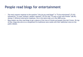 People read blogs for entertainment The most common response to the question ”why do you read blogs?” is ”To be entertained” (73.4%) followed by ”To read ’ordinary’ people’s opinions” (53.2%) and ”To stay in touh with friends” (46.9%). Among 11 different alternative responses, this is the same order as in the 2009 survey. Blog readers say they read blogs to get a glance of the lives of friends and people they don’t know. On top of that, blogs also serve as a complement to traditional news media with their additional views on the public debate.  