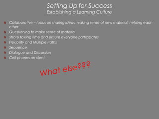 Setting Up for Success
                     Establishing a Learning Culture

Collaborative – focus on sharing ideas, making sense of new material, helping each
other
Questioning to make sense of material
Share talking time and ensure everyone participates
Flexibility and Multiple Paths
Sequence
Dialogue and Discussion
Cell-phones on silent



                        at else???
                 W    h
 