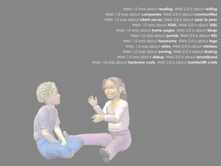 Web 1.0 was about reading, Web 2.0 is about writing
      Web 1.0 was about companies, Web 2.0 is about communities
      Web 1.0 was about client-server, Web 2.0 is about peer to peer
                     Web 1.0 was about HTML, Web 2.0 is about XML
            Web 1.0 was about home pages, Web 2.0 is about blogs
                    Web 1.0 was about portals, Web 2.0 is about RSS
               Web 1.0 was about taxonomy, Web 2.0 is about tags
                Web 1.0 was about wires, Web 2.0 is about wireless
               Web 1.0 was about owning, Web 2.0 is about sharing
             Web 1.0 was about dialup, Web 2.0 is about broadband
Web 1.0 was about hardware costs, Web 2.0 is about bandwidth costs
 