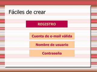 Fáciles de crear
REGISTRO
Cuenta de e-mail válida
Nombre de usuario
Contraseña