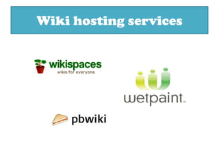 Sign-up sheets (wikis)Uses of wikis:Sharing info, resources, linksResource collectionsFAQPages on course topicsGlossariesAdvice pages (grammar, study skills)
