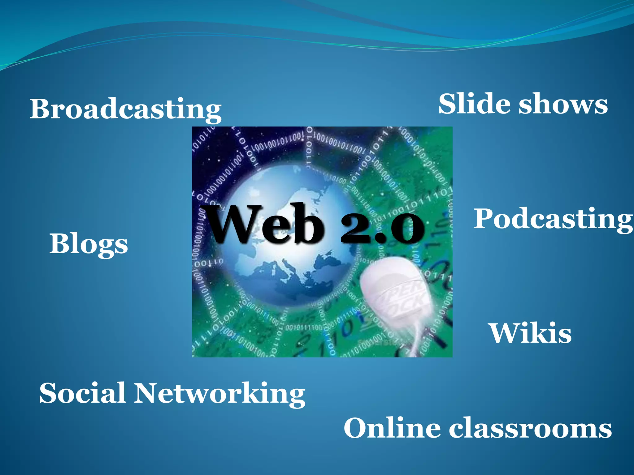 Broadcasting 
Blogs 
Web 2.0 
Social Networking 
Slide shows 
Podcasting 
Wikis 
Online classrooms 
 
