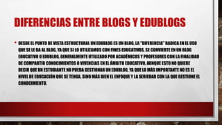 DIFERENCIAS ENTRE BLOGS Y EDUBLOGS
• DESDE EL PUNTO DE VISTA ESTRUCTURAL UNEDUBLOG ES UN BLOG, LA "DIFERENCIA" RADICA EN EL USO
QUE SE LE DA AL BLOG, YA QUE SI LO UTILIZAMOS CON FINES EDUCATIVOS, SE CONVIERTE EN UN BLOG
EDUCATIVO O EDUBLOG, GENERALMENTE UTILIZADO POR ACADÉMICOS Y PROFESORES CON LA FINALIDAD
DE COMPARTIR CONOCIMIENTOS O VIVENCIAS EN EL ÁMBITO EDUCATIVO, AUNQUE ESTO NO QUIERE
DECIR QUE UN ESTUDIANTE NO PUEDA GESTIONAR UNEDUBLOG, YA QUE LO MÁS IMPORTANTE NO ES EL
NIVEL DE EDUCACIÓN QUE SE TENGA, SINO MÁS BIEN EL ENFOQUE Y LA SERIEDAD CON LA QUE GESTIONE EL
CONOCIMIENTO.
 