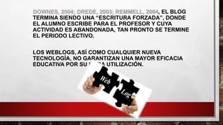 DOWNES, 2004; DREDE, 2003; REMMELL, 2004, EL BLOG
TERMINA SIENDO UNA “ESCRITURA FORZADA”, DONDE
EL ALUMNO ESCRIBE PARA EL PROFESOR Y CUYA
ACTIVIDAD ES ABANDONADA, TAN PRONTO SE TERMINE
EL PERIODO LECTIVO.
LOS WEBLOGS, ASÍ COMO CUALQUIER NUEVA
TECNOLOGÍA, NO GARANTIZAN UNA MAYOR EFICACIA
EDUCATIVA POR SU MERA UTILIZACIÓN.
 