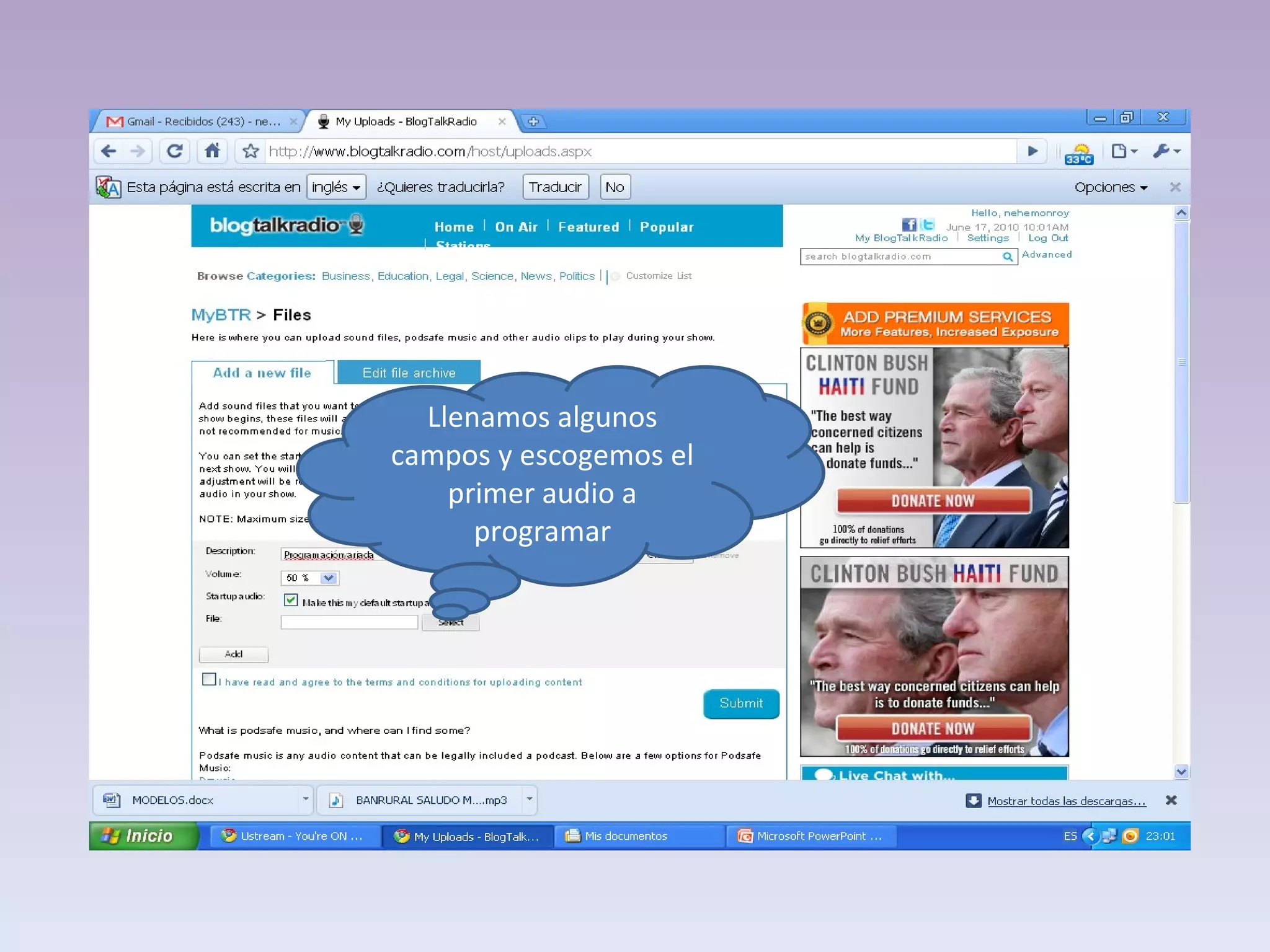 Llenamos algunos campos y escogemos el primer audio a programar 