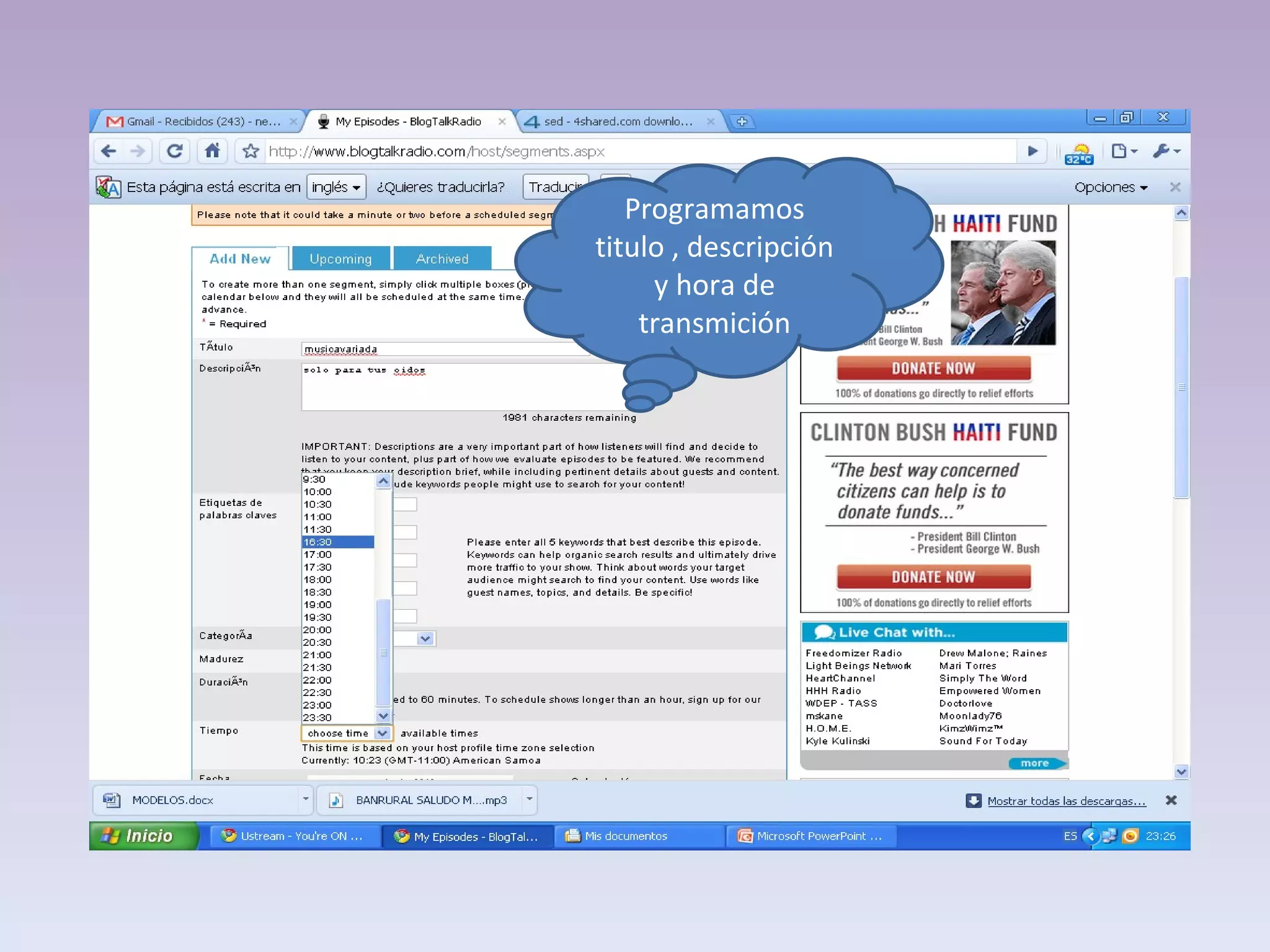 Programamos titulo , descripción y hora de transmición 