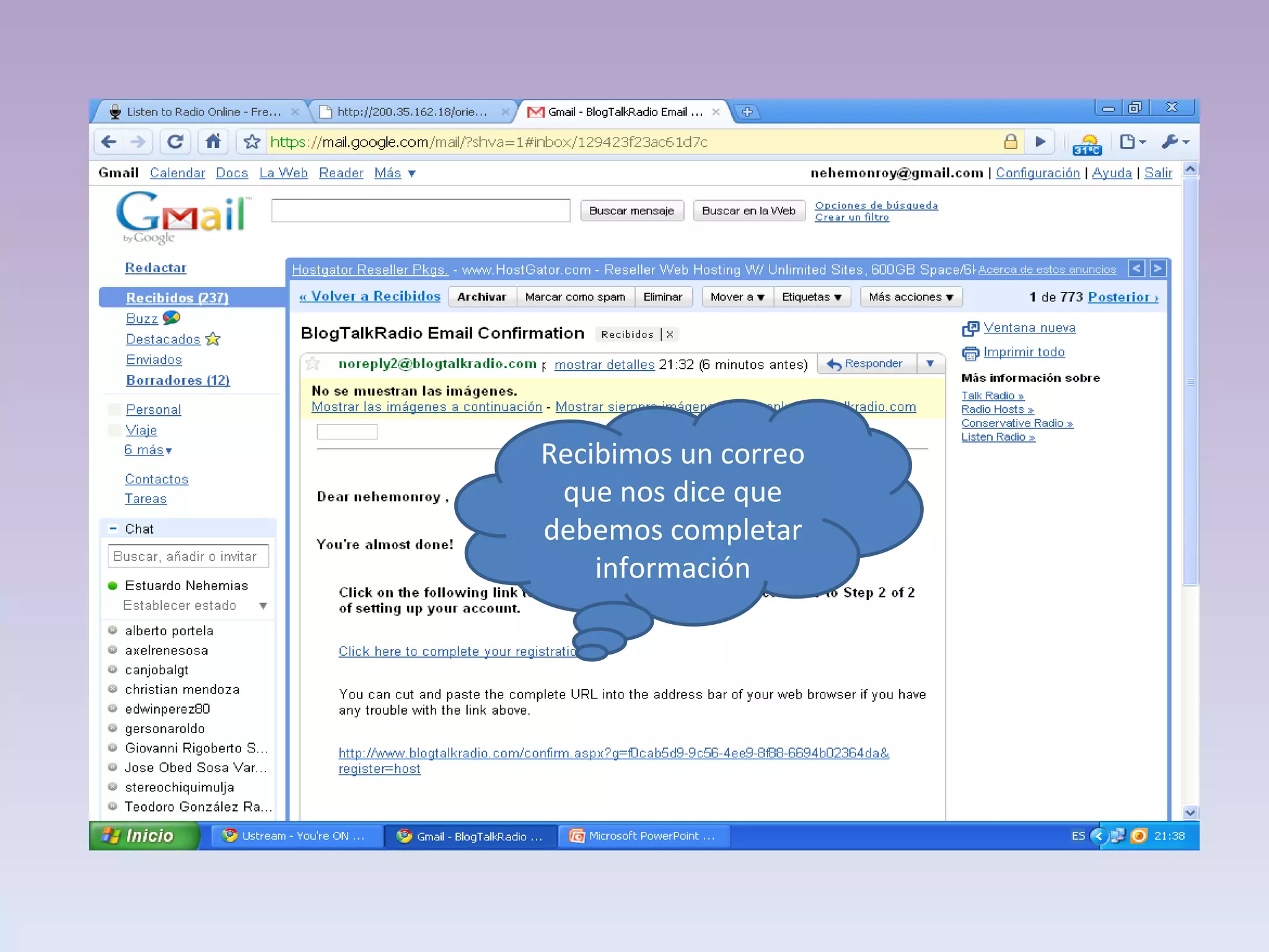 Recibimos un correo que nos dice que debemos completar información 