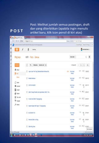 Post: Melihat jumlah semua postingan, draft
       dan yang diterbitkan (apabila ingin menulis
POST   artikel baru, klik icon pensil di kiri atas)
 