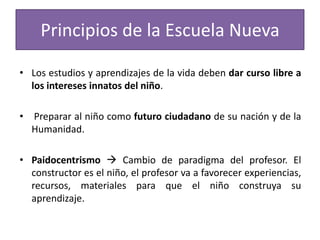 Principios de la Escuela Nueva
• Los estudios y aprendizajes de la vida deben dar curso libre a
los intereses innatos del niño.
•

Preparar al niño como futuro ciudadano de su nación y de la
Humanidad.

• Paidocentrismo  Cambio de paradigma del profesor. El
constructor es el niño, el profesor va a favorecer experiencias,
recursos, materiales para que el niño construya su
aprendizaje.

 