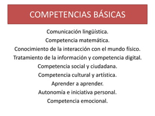 COMPETENCIAS BÁSICAS
Comunicación lingüística.
Competencia matemática.
Conocimiento de la interacción con el mundo físico.
Tratamiento de la información y competencia digital.
Competencia social y ciudadana.
Competencia cultural y artística.
Aprender a aprender.
Autonomía e iniciativa personal.
Competencia emocional.

 