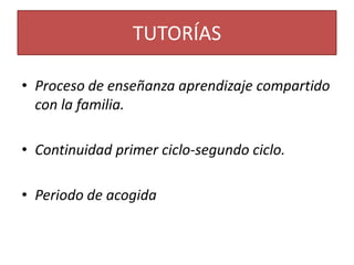 TUTORÍAS
• Proceso de enseñanza aprendizaje compartido
con la familia.
• Continuidad primer ciclo-segundo ciclo.
• Periodo de acogida

 
