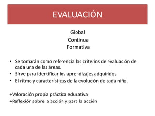 EVALUACIÓN
Global
Continua
Formativa
• Se tomarán como referencia los criterios de evaluación de
cada una de las áreas.
• Sirve para identificar los aprendizajes adquiridos
• El ritmo y características de la evolución de cada niño.
+Valoración propia práctica educativa
+Reflexión sobre la acción y para la acción

 