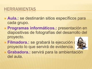 Herramientas Aula.: se destinarán sitios específicos para cada grupo.Programas informáticos.: presentación en diapositivas de fotografías del desarrollo del proyecto.Filmadora.: se grabará la ejecución del proyecto lo que servirá de evidencia.Grabadora.: servirá para la ambientación del aula.