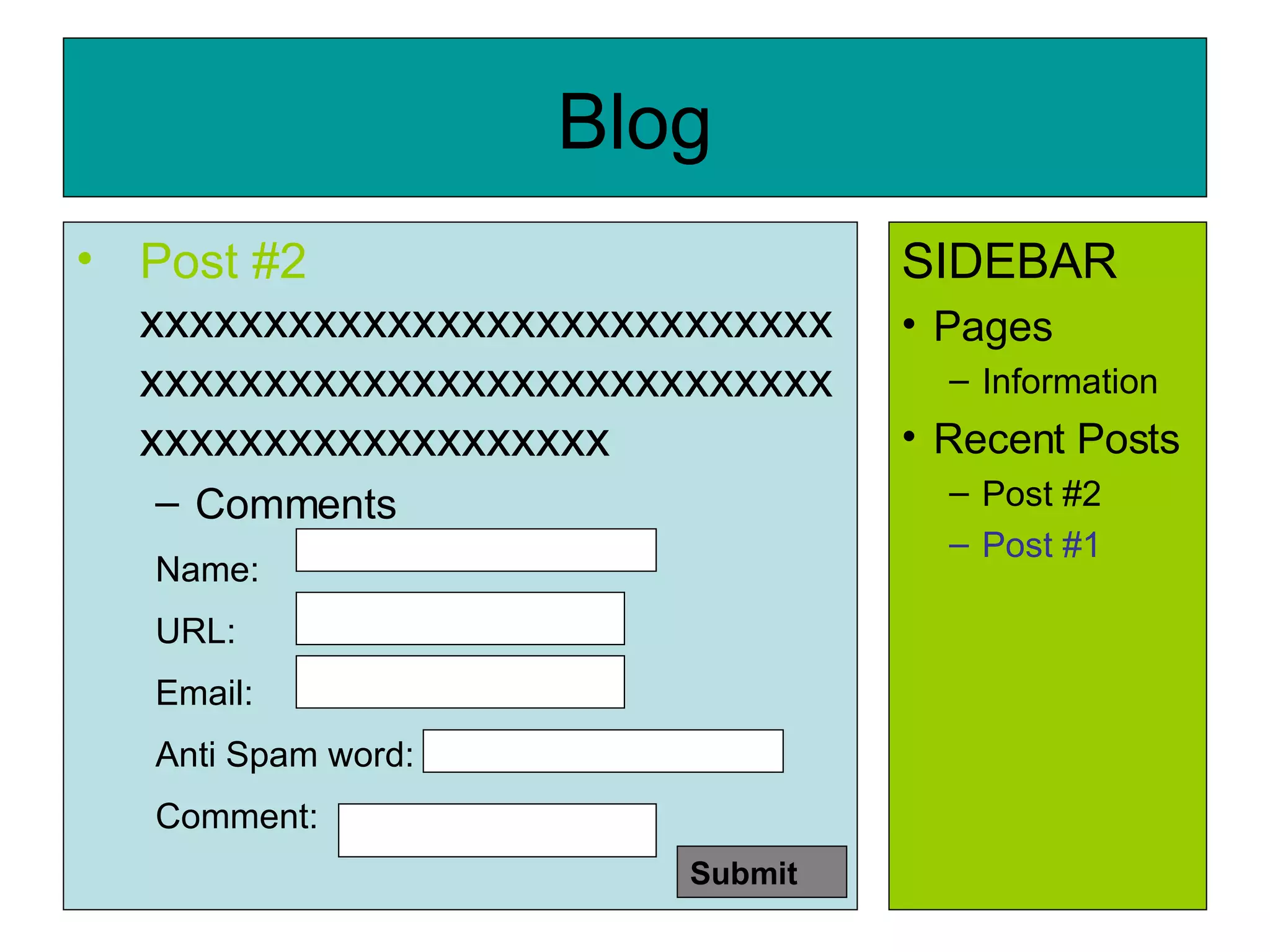Blog Post #2  xxxxxxxxxxxxxxxxxxxxxxxxxxxxxxxxxxxxxxxxxxxxxxxxxxxxxxxxxxxxxxxxxxxxxxxxxxx Comments Name:  URL: Email: Anti Spam word:  Comment:  SIDEBAR Pages Information Recent Posts Post #2 Post #1 Submit 