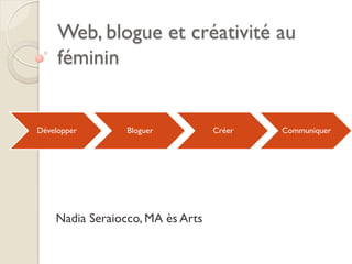 Web, blogue et créativité au
     féminin


Développer       Bloguer          Créer   Communiquer




    Nadia Seraiocco, MA ès Arts
 
