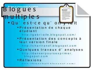 Blogues multiples Qu’est-ce qu’on y fait Présentation de chaque étudiant http: //gabri-aile . blogspot . com/ Présentation des concepts à leur version finale http: //chartrandf . blogspot . com Quelques travaux d’analyses http: //danserpoursexprimer . blogspot . com Réflexions http: //blanchetl . blogspot . com/ 