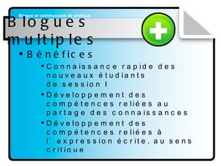 Blogues multiples Bénéfices   Connaissance rapide des nouveaux étudiants  de session I Développement des compétences reliées au partage des connaissances Développement des compétences reliées à l’expression écrite, au sens critique 