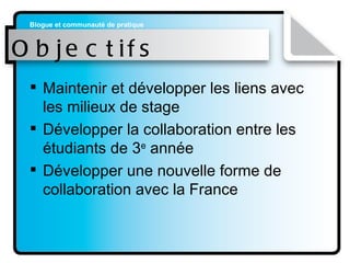 Objectifs Maintenir et développer les liens avec les milieux de stage Développer la collaboration entre les étudiants de 3 e  année Développer une nouvelle forme de collaboration avec la France 