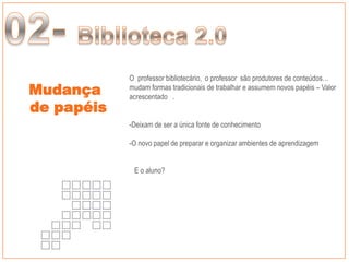 O professor bibliotecário, o professor são produtores de conteúdos…
Mudança     mudam formas tradicionais de trabalhar e assumem novos papéis – Valor
            acrescentado .
de papéis
            -Deixam de ser a única fonte de conhecimento

            -O novo papel de preparar e organizar ambientes de aprendizagem


             E o aluno?




                                                                Taller Web 2.0
 