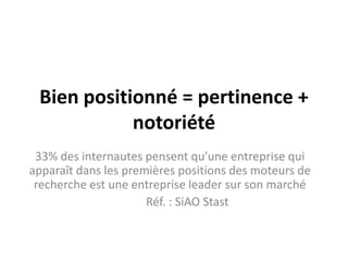 Bien positionné = pertinence + notoriété33% des internautes pensent qu’une entreprise qui apparaît dans les premières positions des moteurs de recherche est une entreprise leader sur son marché 	Réf. : SiAOStast
