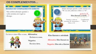 REGRAS DO COMPLEMENTO DIRETO
Eu levo o meu filho a casa. Afirmativa:
Eu levo-o a casa.
1
Não sofrem alteração quando o
verbo termina em vogal ou
ditongo.
2
Sofrem alteração quando o verbo termina em
“M”, ão, õem, adicionar o hífen e o “N”.
Eu não o levo.
Eles fizeram a tarefa
Complemento
Direto A
Termina o verbo na
consoante M. Acrescentar o
hífen, e o N.
m, ão, õe - N
Afirmativa: Eles fizeram-na
Negativa: Eles não a fizeram
Negativa:
Eles fizeram a atividade
OS COMPLEMENTOS…
 