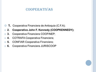 Cooperativas








1. Cooperativa Financiera de Antioquia (C.F.A);
2.
3.
4.
5.
6.

Cooperativa John F. Kennedy (COOPKENNEDY);
Cooperativa Financiera COOFINEP;
COTRAFA Cooperativa Financiera;
CONFIAR Cooperativa Financiera;
Cooperativa Financiera JURISCOOP

 