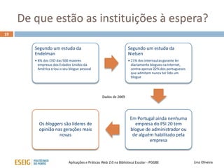 De que estão as instituições à espera?
19
Lino OliveiraAplicações e Práticas Web 2.0 na Biblioteca Escolar - PGGBE
Segundo um estudo da
Endelman
• 8% dos CEO das 500 maiores
empresas dos Estados Unidos da
América criou o seu blogue pessoal
Segundo um estudo da
Nielsen
• 21% dos internautas garante ler
diariamente blogues na Internet,
contra apenas 22% dos portugueses
que admitem nunca ter lido um
blogue
Em Portugal ainda nenhuma
empresa do PSI 20 tem
blogue de administrador ou
de alguém habilitado pela
empresa
Os bloggers são líderes de
opinião nas gerações mais
novas
Dados de 2009
 