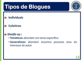 Tipos de Blogues
 Individuais

 Coletivos

Dividir-se :
 • Temáticos: abordam um tema específico
 • Generalistas: abordam assuntos pessoais e/ou do
   interesse do autor



                                                14
 