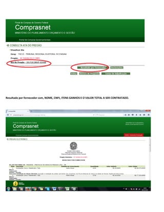 Resultado por fornecedor com, NOME, CNPJ, ITENS GANHOS E O VALOR TOTAL A SER CONTRATADO.
 