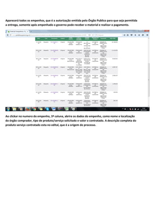 Aparecerá todos os empenhos, que é a autorização emitida pelo Órgão Publico para que seja permitida
a entrega, somente após empenhado o governo pode receber o material e realizar o pagamento.
Ao clickar no numero do empenho, 3ª coluna, abrira os dados do empenho, como nome e localização
do órgão comprador, tipo de produto/serviço solicitado e valor o contratado. A descrição completa do
produto serviço contratado esta no edital, que é a origem do processo.
 