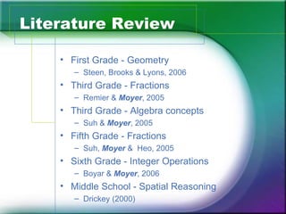 Literature Review

    • First Grade - Geometry
       – Steen, Brooks & Lyons, 2006
    • Third Grade - Fractions
       – Remier & Moyer, 2005
    • Third Grade - Algebra concepts
       – Suh & Moyer, 2005
    • Fifth Grade - Fractions
       – Suh, Moyer & Heo, 2005
    • Sixth Grade - Integer Operations
       – Boyar & Moyer, 2006
    • Middle School - Spatial Reasoning
       – Drickey (2000)
 