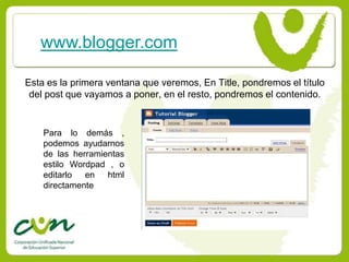 www.blogger.com

Esta es la primera ventana que veremos, En Title, pondremos el título
 del post que vayamos a poner, en el resto, pondremos el contenido.


    Para lo demás ,
    podemos ayudarnos
    de las herramientas
    estilo Wordpad , o
    editarlo en    html
    directamente
 
