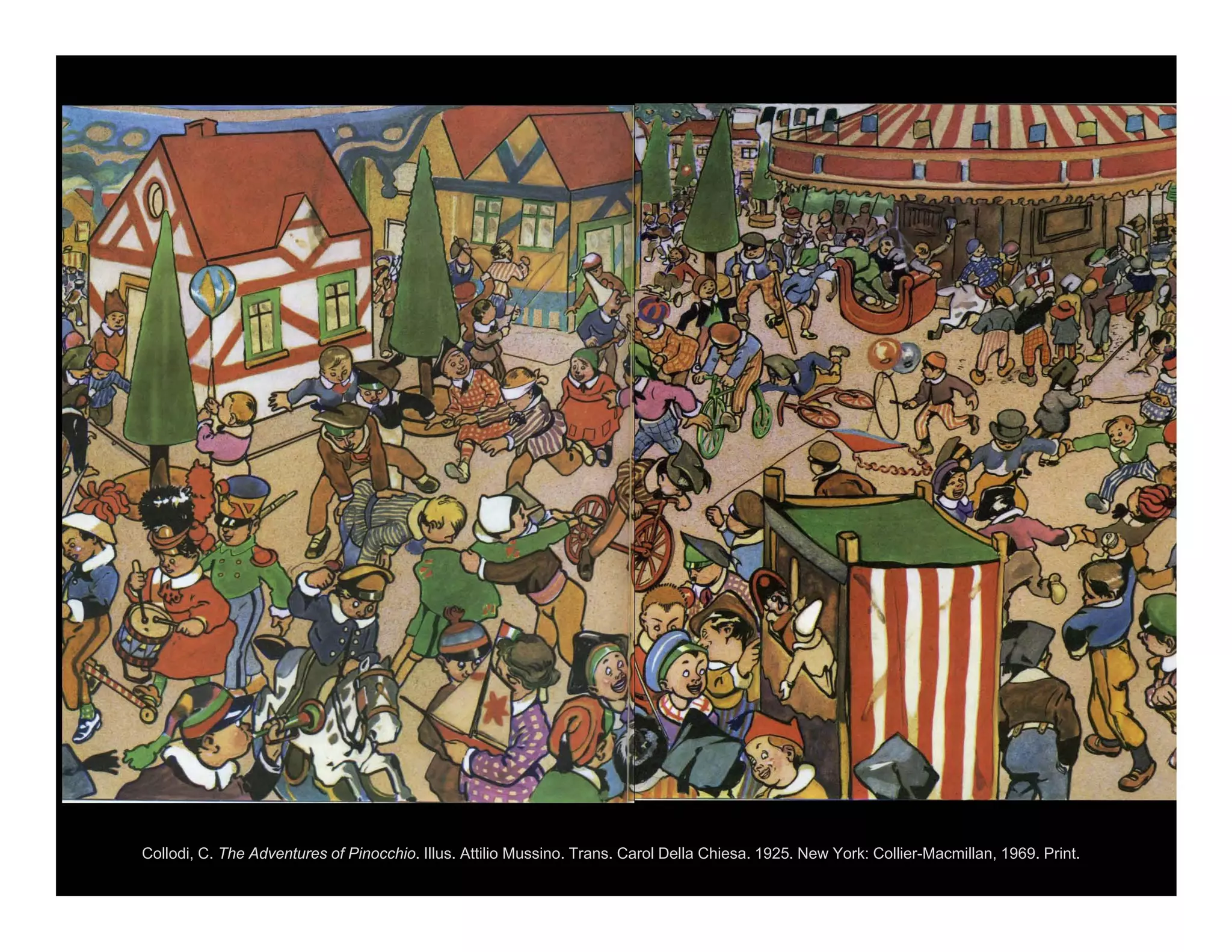 Collodi, C. The Adventures of Pinocchio. Illus. Attilio Mussino. Trans. Carol Della Chiesa. 1925. New York: Collier-Macmillan, 1969. Print.
 