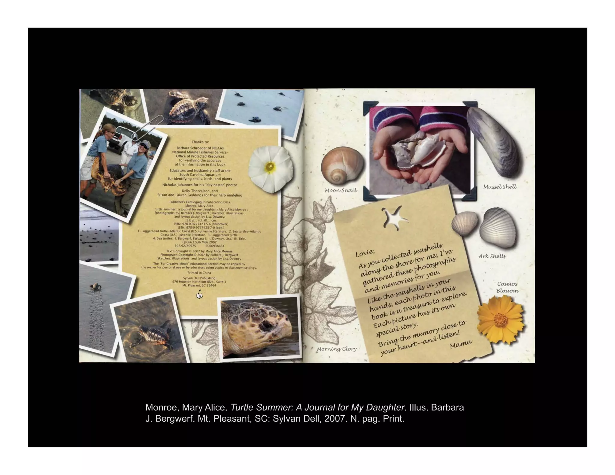 Monroe, Mary Alice. Turtle Summer: A Journal for My Daughter. Illus. Barbara
J. Bergwerf. Mt. Pleasant, SC: Sylvan Dell, 2007. N. pag. Print.
Tha~ks to:
Bilrbar. Sthroeder of NOM's
Natio~al Mari~e Fisheries ~rvl(e­
Offic~ of Protected Resour(u
for ve"fvi~g the accuracy
of the information j~ this book
Educators and husbandry staff at the
South Caroli~a Aquarium
for identifvi~g shells. birds. and plants
Ni(hol.sJohannes for his "day nester" photos
Kelly Thorvalson. and
Susan and Lauren Geddings for their help modeling
Publ,,"er Cataloglng-In-Publication D,'~
"'OO",,", "'aryAlic~
Tu,tle ,ummer: ajou,nal lor my daugh,er / r..t~ry Alice Mon",,":
Iphotog,.ph, by111.lrn.raj. k'gwe,l, .ket,h... ;llumal'on.,
and la)'OlJ' ~I>g" by liu Downey.
I32J p.' col. ill., em
ISBN: 978 O·977HH-5-6 (ha,deo,",.)
ISBN 978-0-9777423-7-0,pbU
1. logge,head tu,tle--At"'"'" Coa>l'U.S.Hu,",n,lt I,(t,.ru,e. 1. Se.ru"I....A(I."to<
COlt.( {U.S.}·)uvt"'" I"t,otu,,". 3.logg. ,hnd wnle
4. Seatun",._ I. k'gwerf, a..rboraj. II. Downty,lls.a. III. litle
QL666.C536 r..t66 2007
59792/10975 2006938664
Tu, Copyright " 2007 by Mary Alice Mon,oe
Photograph Copyrighl " 2007 by II.l,N,aj. k.gwerl
Sketc..... illustrll,on•. and layout de.'gn by lis. Downev
Tltt ·Fo. Creati'"' Mind,' ~u<atlo""l ,echon m.y be copied by
t'"Owner lor personal u,e 0' bv educato.. u,lng cOpit> in d .."oom .ttl,ng,
Syl"'n [)o,11 PubliSh,"II
976 Hou.ton Nonh<;u1 Blvd.. Su,(e 1
"'I. Plt..a"t. SC 19464
 