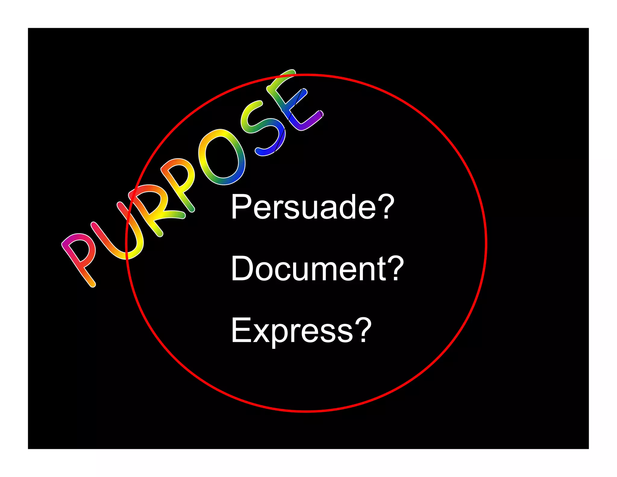 Creator Audience
Content
Photograph
Persuade?
Document?
Express?
 