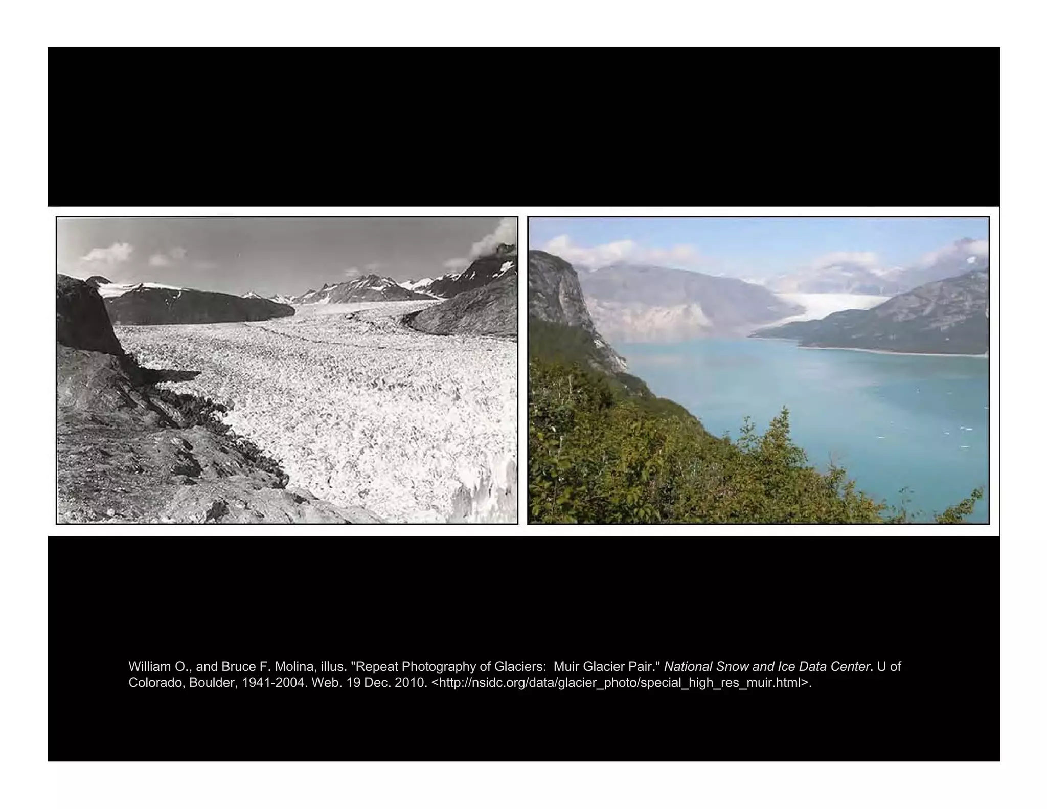 William O., and Bruce F. Molina, illus. "Repeat Photography of Glaciers: Muir Glacier Pair." National Snow and Ice Data Center. U of
Colorado, Boulder, 1941-2004. Web. 19 Dec. 2010. <http://nsidc.org/data/glacier_photo/special_high_res_muir.html>.
 