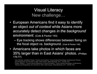 Visual Literacy
New challenge…
• European Americans find it easy to identify
an object out of context while Asians more
accurately detect changes in the background
environment. (Cole & Packer 143)
– Eye tracking shows differences between fixing on
the focal object vs. background. (Cole & Packer 148)
• Americans take photos in which faces are
35% larger than in East Asians’ photos. (Phillips
176-77)
Cole, Michael, and Martin Packer. "Culture and Cognition." Cross-Cultural Psychology: Contemporary Themes
and Perspectives. Ed. Kenneth D. Keith. West Sussex: Wiley-Blackwell, 2011. 133-59. Print.
Phillips, William L. "Cross-Cultural Differences in Visual Perception." Cross-Cultural Psychology: Contemporary
Themes and Perspectives. Ed. Kenneth D. Keith. West Sussex: Wiley-Blackwell, 2011. 160-80. Print.
 