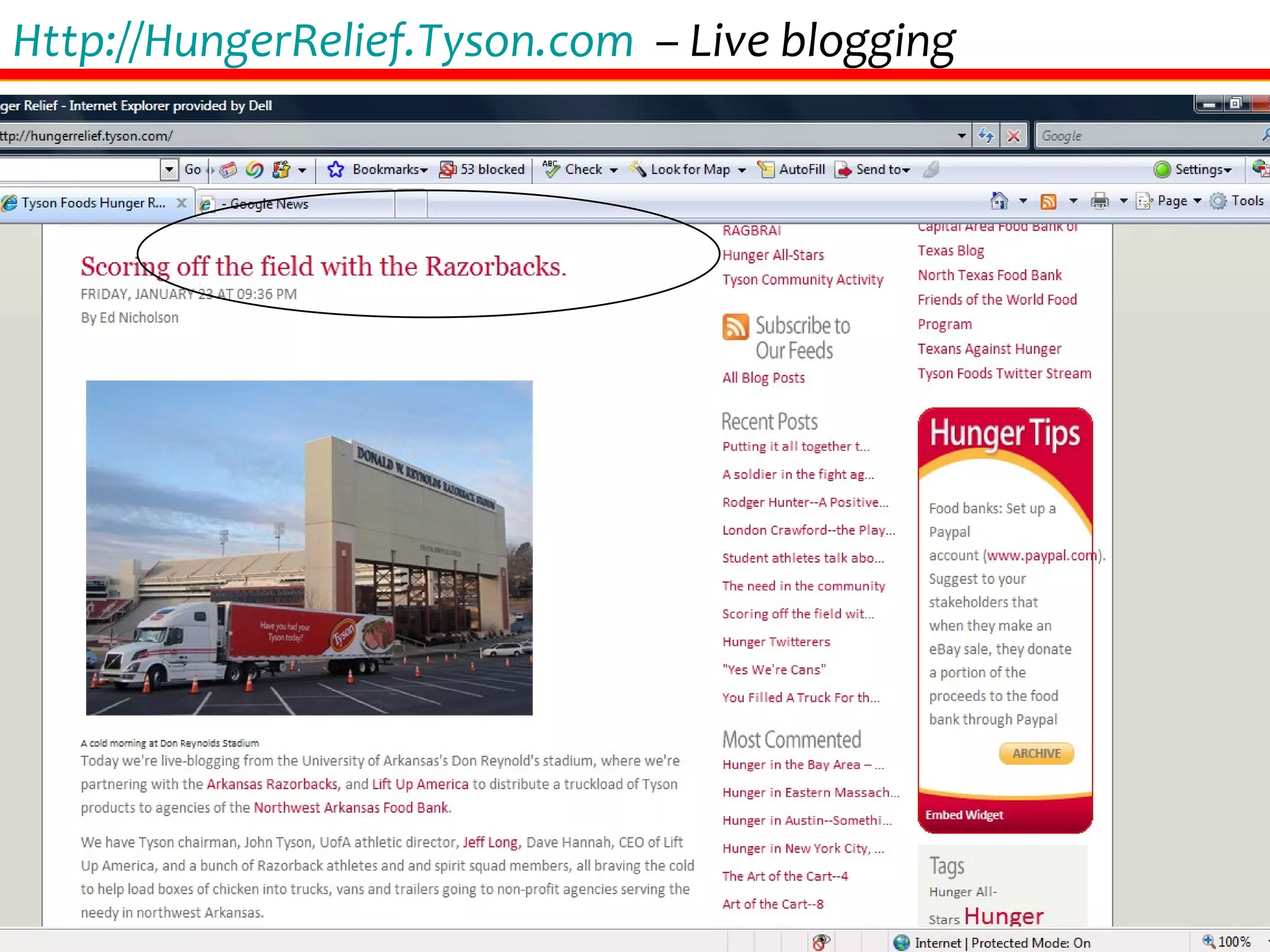 Http://HungerRelief.Tyson.com   – Live blogging 