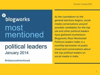 most
mentioned
political leaders
January 2014
#indiasmostmentioned
1
 