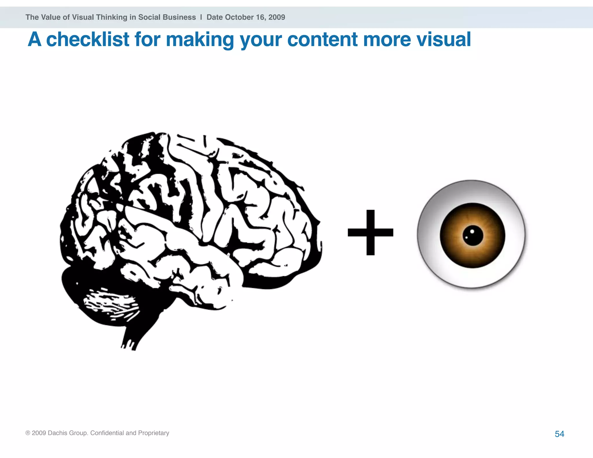 ® 2009 Dachis Group. Confidential and Proprietary
The Value of Visual Thinking in Social Business | Date October 16, 2009
+
54
A checklist for making your content more visual
 