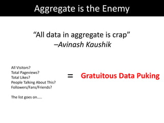 Aggregate is the Enemy

             “All data in aggregate is crap”
                    –Avinash Kaushik

All Visitors?
Total Pageviews?
Total Likes?
People Talking About This?
                             =   Gratuitous Data Puking
Followers/Fans/Friends?

The list goes on…..
 