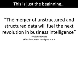 This is just the beginning…


 “The merger of unstructured and
 structured data will fuel the next
revolution in business intelligence”
                  -Prasanna Dhore
          Global Customer Intelligence, HP
 
