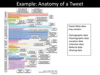 Example: Anatomy of a Tweet


                     Tweet Meta-data
                     may contain:

                     -Demographic data
                     -Psychographic data
                     -Location data
                     -Intention data
                     -Referral data
                     -Sharing data
 