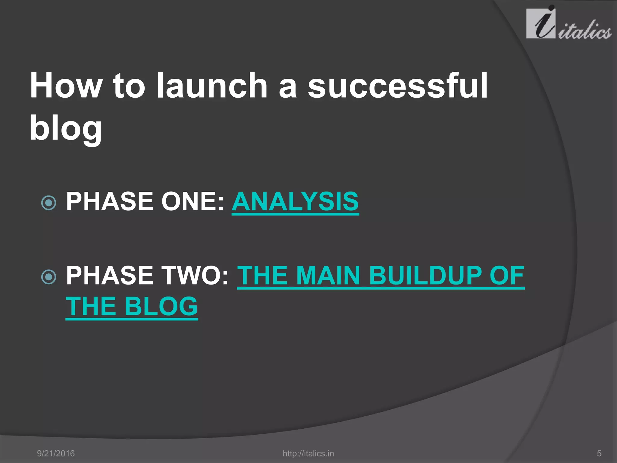How to launch a successful
blog
 PHASE ONE: ANALYSIS
 PHASE TWO: THE MAIN BUILDUP OF
THE BLOG
9/21/2016 http://italics.in 5
 