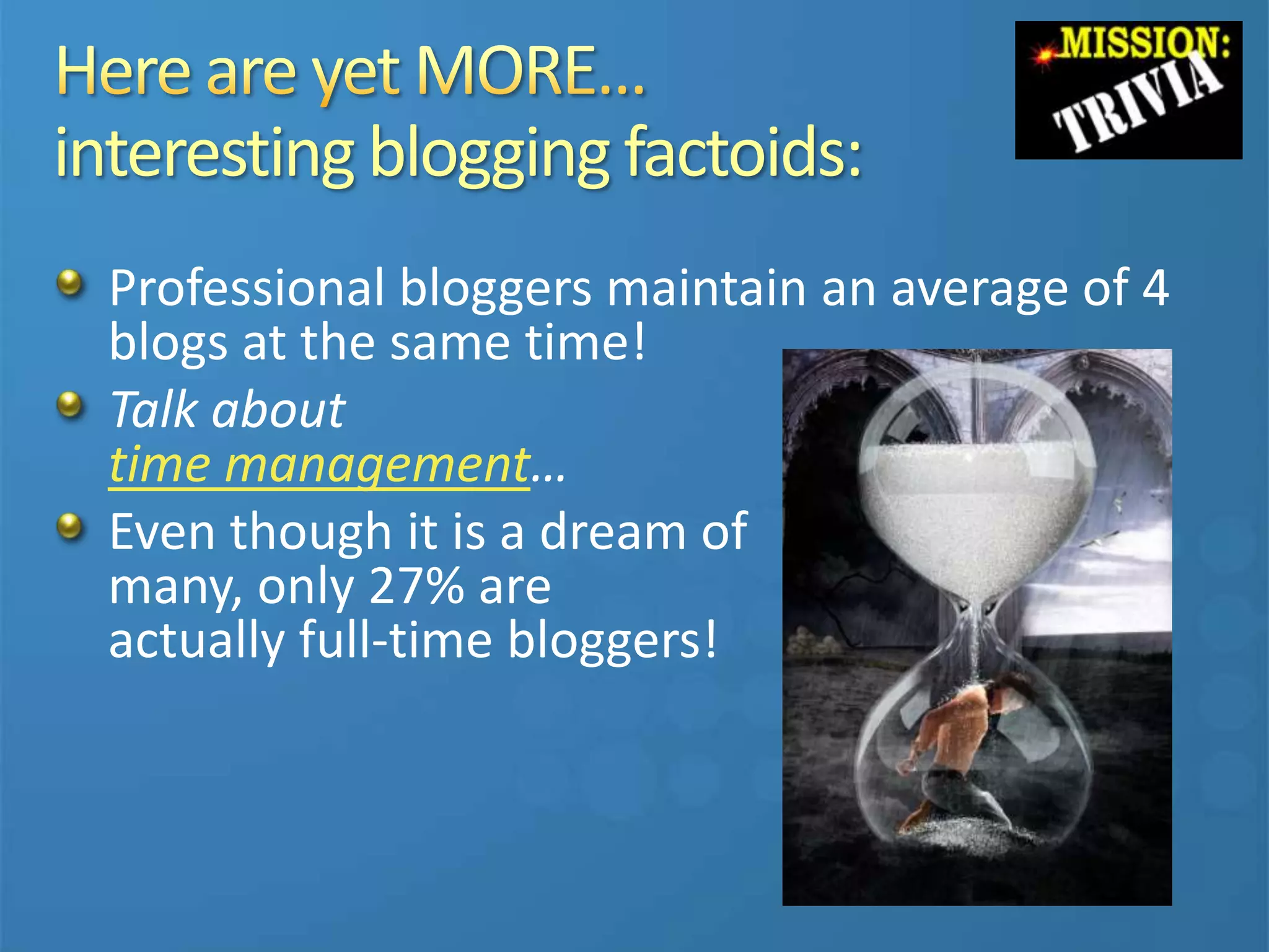 interestingblogging factoids:
Professional bloggers maintain an average of 4
blogs at the same time!
Talk about
time management…
Even though it is a dream of
many, only 27% are
actually full-time bloggers!
 
