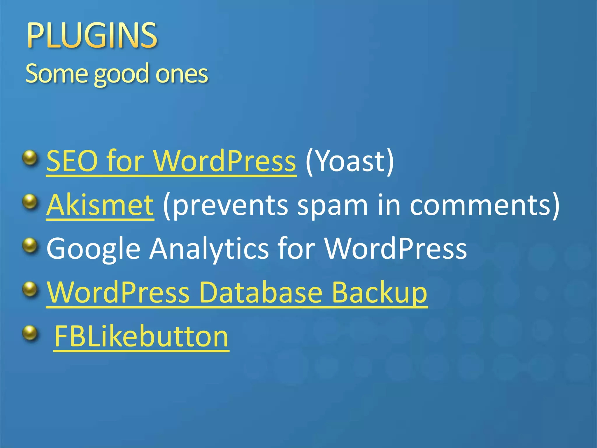 Somegoodones
SEO for WordPress (Yoast)
Akismet (prevents spam in comments)
Google Analytics for WordPress
WordPress Database Backup
FBLikebutton
 